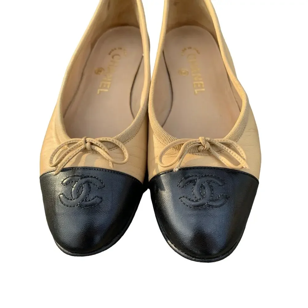 Authentic Chanel Lambskin Leather Ballet Flats EU 36 Two Tone Beige Black CC Tan